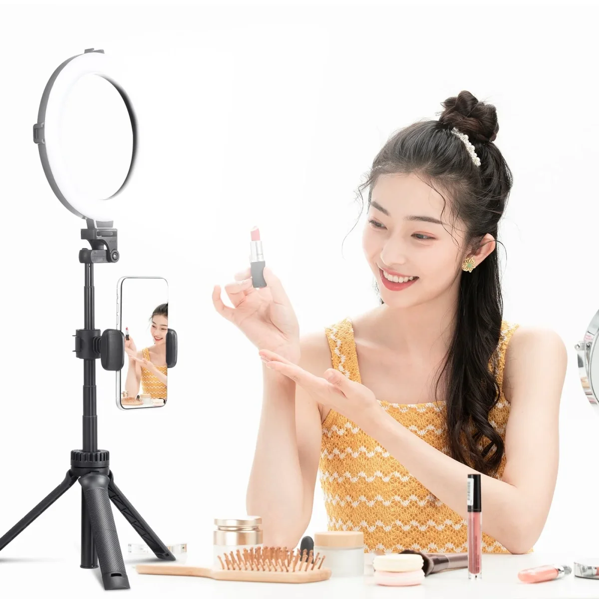 VIJIM Ringlamp met statief, telefoonhouder en bluetooth afstandsbediening - Afbeelding 5